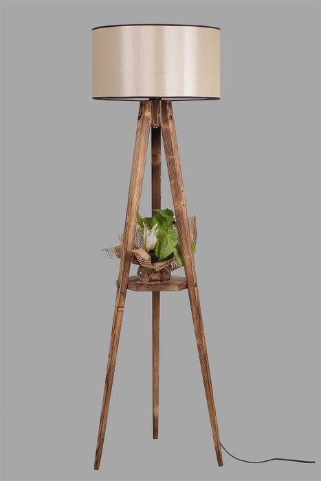Opviq Lámpara de Pie de Madera con Estante y Pantalla de Tela Marrón Opviq Lámpara de Pie de Madera con Estante y Pantalla de Tela Marrón